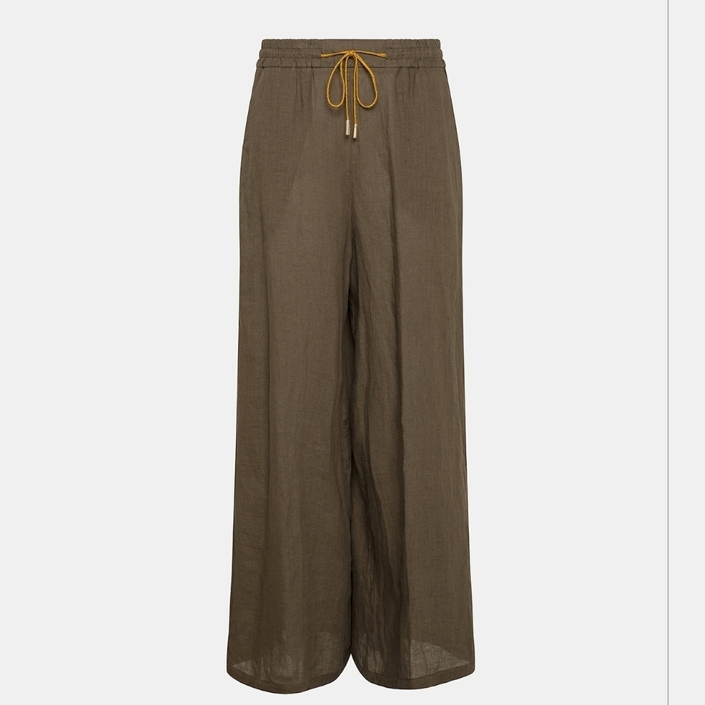 Momoni Neutral Army Green 100% Linen Wide Leg Pull On Pants